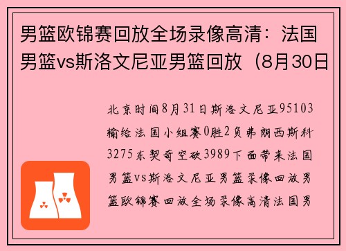 男篮欧锦赛回放全场录像高清：法国男篮vs斯洛文尼亚男篮回放（8月30日）